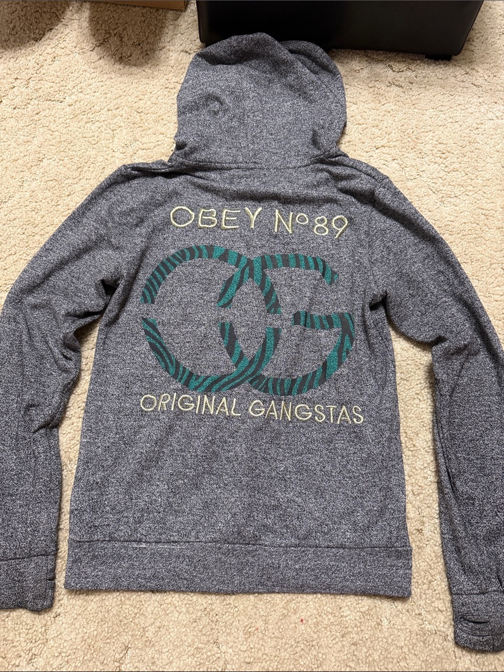 Obey Gray Hoodie with Green Patterned Double-G Back Graphic